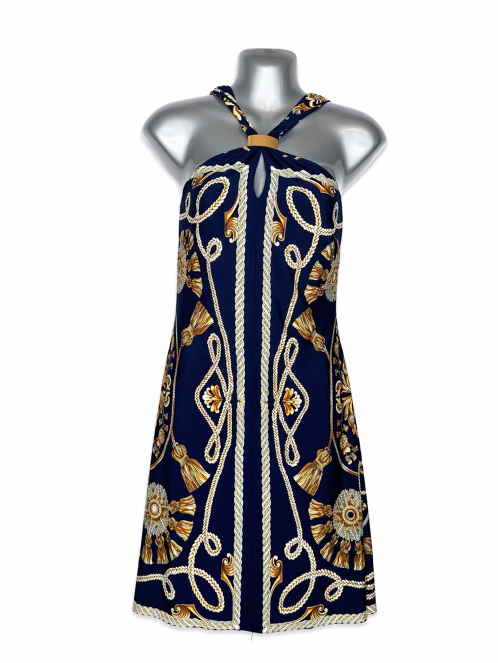 Cache Navy Baroque Print Halter Dress Size Medium